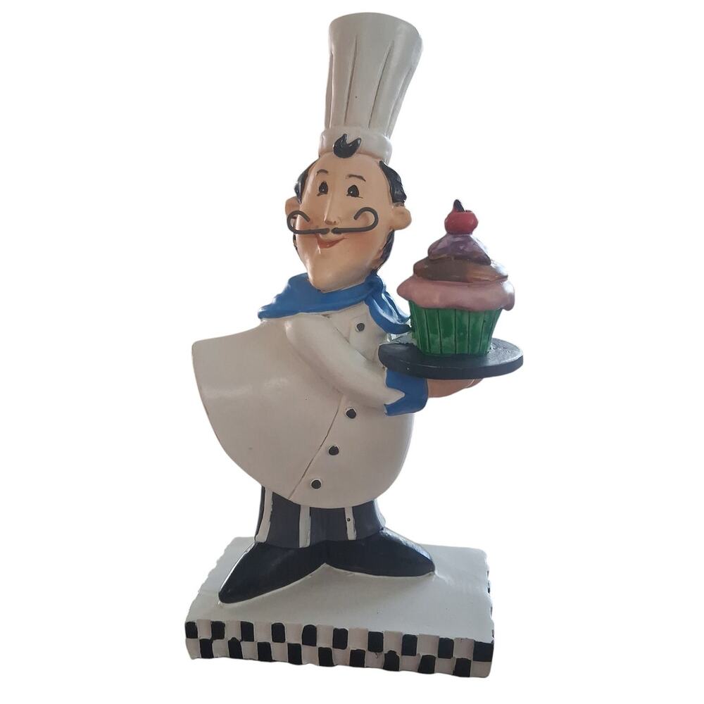 Whimsical Decorative Chef Figurine Holding a small tray with 1 cupcake